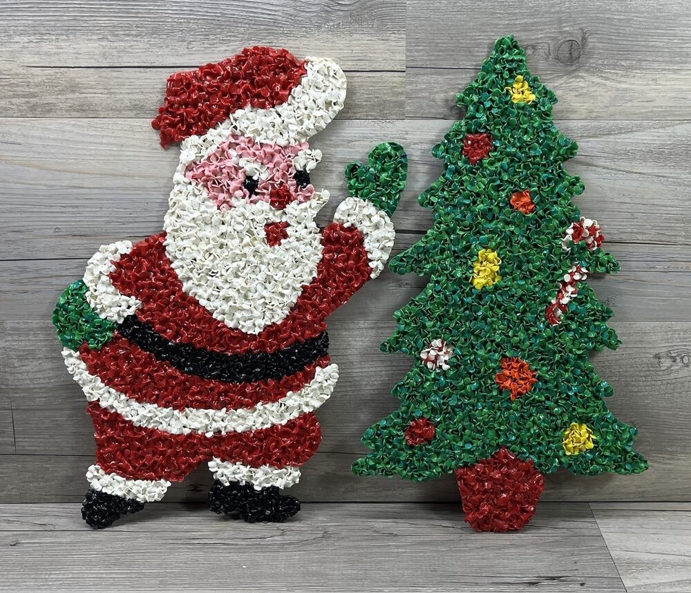 Vintage Melted Plastic Popcorn Santa Waving And Christmas Tree Holiday 15"